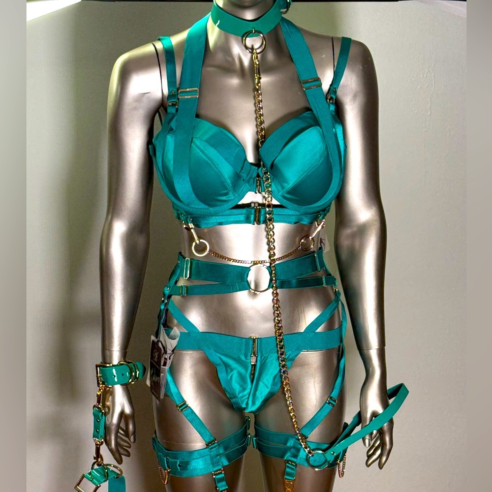 RARE NWT Honey Birdette Kukuro Jade Green Complete Lingerie Set Sz M / 36DDD